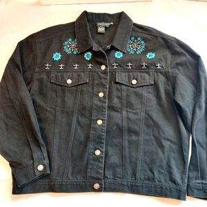 CAROLE LITTLE Sport Black Denim Jean Jacket Beaded 14